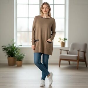 Eight Eight Eight Brown Knit Sweater L Faux Leather Trim Pockets Zip Back Edgy‎